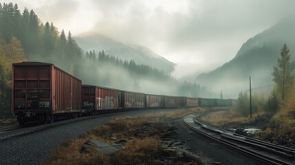 Fototapeta premium Railroad freight train carrying a variety of cargo materials