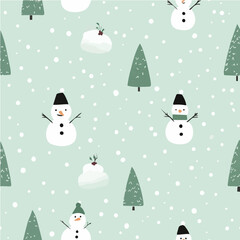Minimalist seamless pattern of snowmen and Christmas tree