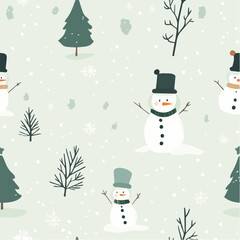 Minimalist seamless pattern of snowmen and Christmas tree