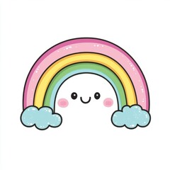 A cute cartoon rainbow with pastel colors and smiling face peeking from behind fluffy clouds, perfect for cheerful designs.