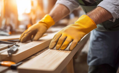Gloved hands handling wooden planks in a workshop with warm sunlight, illustrating carpentry and woodworking craftsmanship.
