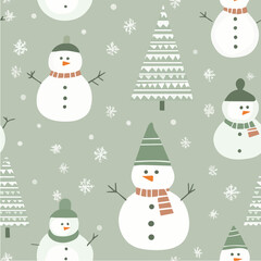 Minimalist seamless pattern of snowmen and Christmas tree