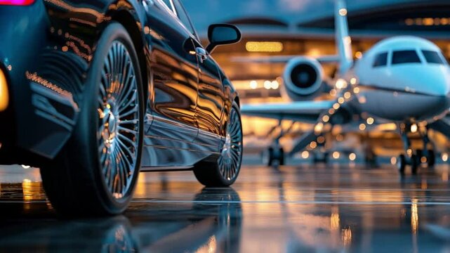 luxury car and private jet waiting at an airport during twilight. exclusive travel and wealth concept.