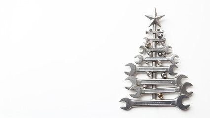 Christmas tree made of wrenches decorated with balls on a white. New Year banner with tools. Postcard with place for greeting text for happy new year with industrial holiday concept.