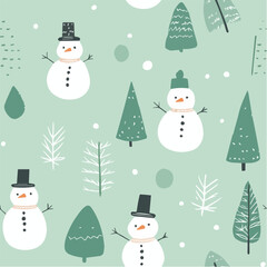 Minimalist seamless pattern of snowmen and Christmas tree
