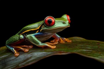 Close-up of a red-eyed tree frog sitting on a green leaf.