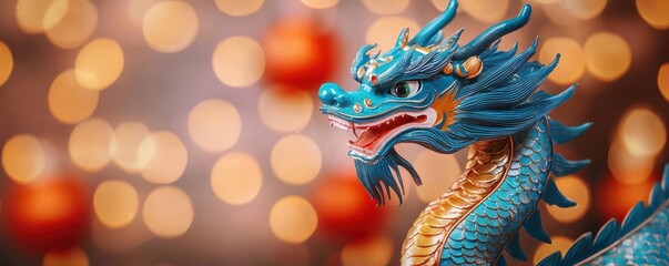 Fototapeta premium Celebratory dragon dance with vibrant colors, glowing lanterns, warm night atmosphere, dragon dances festival atmosphere