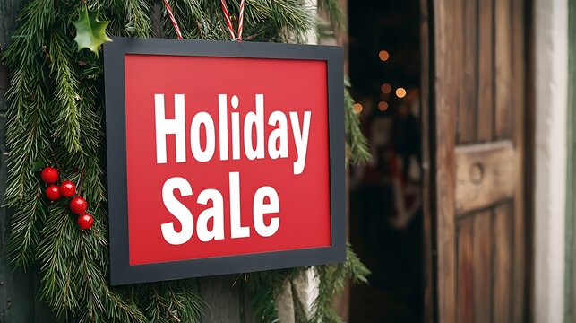 Christmas sale Limited-time concept. A festive sign reading "Holiday Sale" hangs on a door, adorned with greenery and berries, signaling seasonal discounts and celebrations.