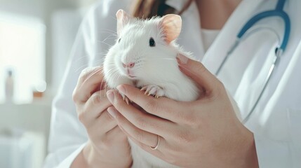 A veterinarian gently holds a white guinea pig, showcasing care and compassion in an animal healthcare setting.