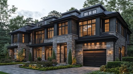 Naklejka premium Modern stone house with large windows and landscaped garden.