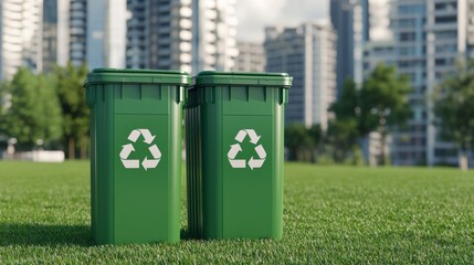 Two green recycling bins sit in a grassy area with tall buildings in the background, promoting eco-friendly waste management in an urban setting.