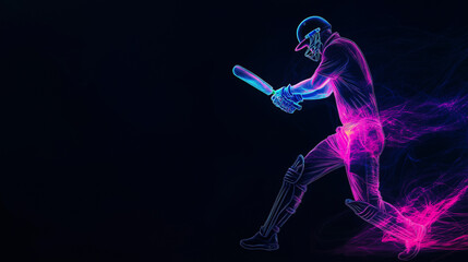 A dynamic neon illustration of a cricket player in motion, wielding a bat with vibrant pink and blue light trails, symbolizing energy, speed, and the thrill of the game