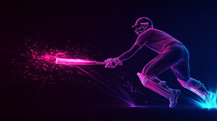 A dynamic neon illustration of a cricket player in motion, wielding a bat with vibrant pink and blue light trails, symbolizing energy, speed, and the thrill of the game