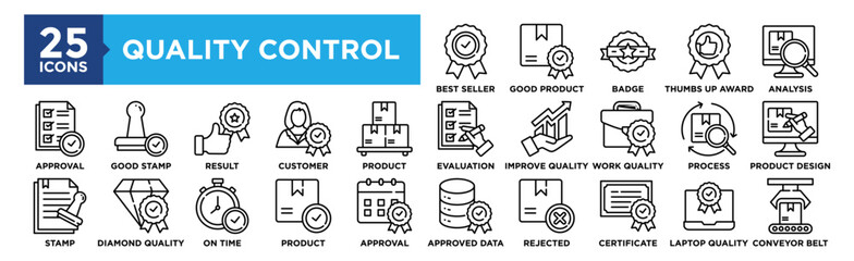 Quality Control icon collection set. Containing design, Best Seller, Good Product, Certified Badge, Thumbs Up Award, Analysis