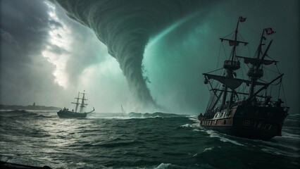 Maritime majesty and menace collide as ships navigate perilously close to a monstrous marine twiste