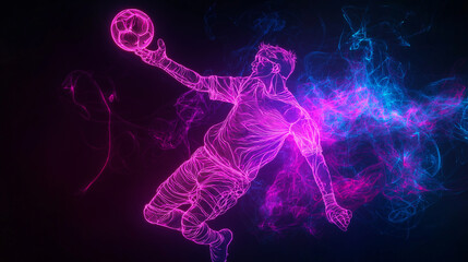 A vibrant neon illustration of a goalkeeper making an acrobatic save, with glowing pink and blue light trails and dynamic smoke effects, capturing the intensity and energy of soccer.