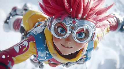Fototapeta premium 3D Illustration of a Cartoon Character with Red Hair Wearing Goggles and a Yellow, Red, and Blue Outfit Smiling While Flying Through a Snowy Landscape.
