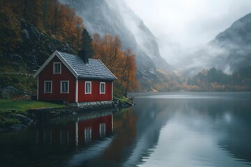 Fototapeta premium Charming red house reflected in a serene lake surrounded by mountains