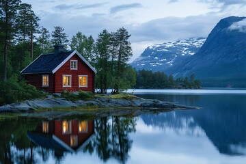 Naklejka premium A cozy red cabin by a serene lake at twilight in Norway