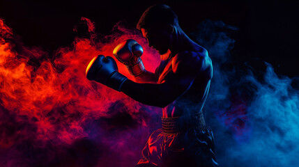 A powerful depiction of a muscular boxer illuminated by vivid neon blue and red lighting, surrounded by swirling smoke. The dynamic lighting highlights the intensity and focus of the athlete in a dram