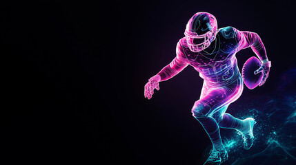A striking neon illustration of an American football player running with the ball, surrounded by glowing pink and blue light effects, capturing energy, speed, and the excitement of the game."