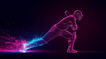 A dynamic neon illustration of a cricket player in motion, wielding a bat with vibrant pink and blue light trails, symbolizing energy, speed, and the thrill of the game