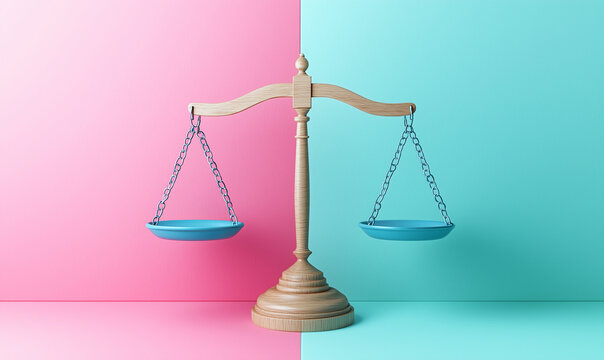 A balanced scale set against a split pink and blue background, symbolizing equal rights for men and women. Ideal for themes on gender equality, balance, and justice.