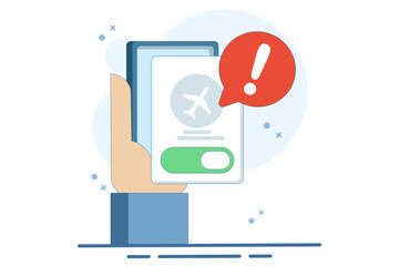 Airplane mode concept, Airplane mode warning on screen, smartphone or tablet, flat cartoon illustration of warning, isolated phone or tablet flight info notification.