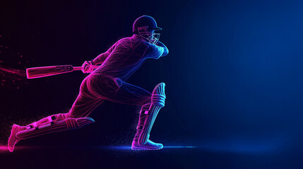 A dynamic neon illustration of a cricket player in motion, wielding a bat with vibrant pink and blue light trails, symbolizing energy, speed, and the thrill of the game