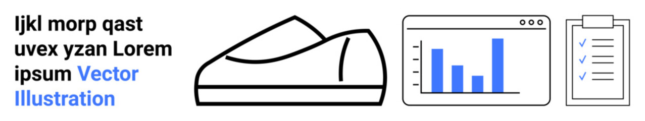 Sneaker, data analysis chart on computer screen, and checklist clipboard. Ideal for e-commerce, sports, fitness, data tracking, productivity, business presentations, and marketing. Landing page