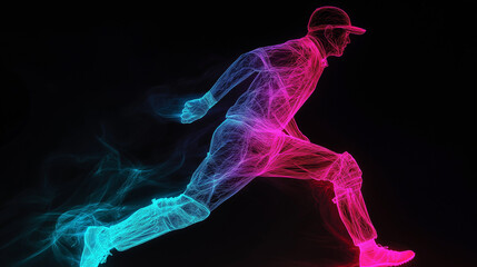 Fototapeta premium A dynamic neon illustration of a cricket player in motion, wielding a bat with vibrant pink and blue light trails, symbolizing energy, speed, and the thrill of the game