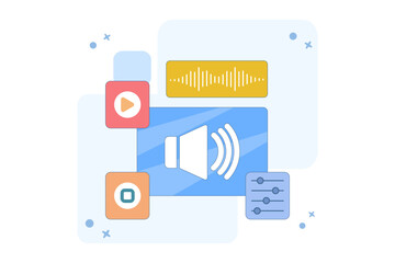 Concept of Listening to Audio and Multimedia Content, Icons depicting speakers to represent the function of listening to audio and screens or movies for multimedia content. types of digital content.