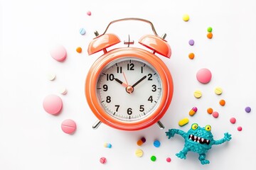 pink retro clock with capsule and pill isolated on white,medical concept.
