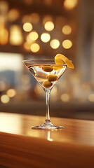 A refreshing martini garnished with olives and lemon served at a stylish bar during the evening