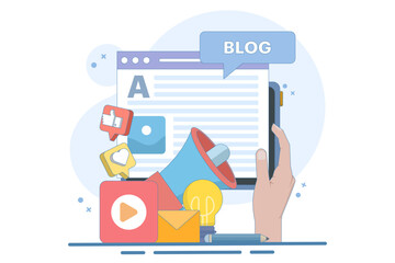 Concept Blogging, education, creative writing, content management, article writing, news, copywriting, seminar, tutorial, workshop. Flat vector illustration design for mobile and web graphics.