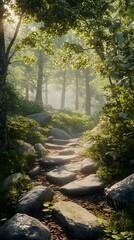 Fototapeta premium A forest path, a narrow trail leading through the woods, a sunny day with mist in the air, rocks and small flowers on both sides of the road, birch trees along it