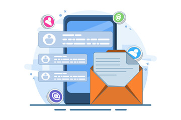 Email marketing concept, Online business strategy, Advertising, Email newsletter, sending messages, marketing materials for landing pages, web banners, social media, infographics. Vector illustration.