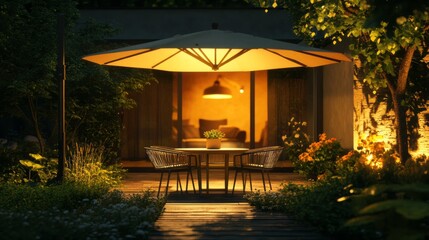 Fototapeta premium A patio with a large umbrella and a table with chairs under it