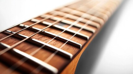 Fototapeta premium Close-up of a guitar fretboard showcasing strings and wood details.