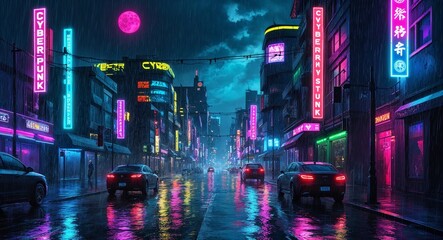 Cyberpunk anime illustration neon lights rainy streets cityscape futuristic vibrant atmosphere night