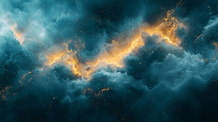 A vibrant cosmic scene with swirling clouds and glowing elements.