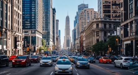 Fototapeta premium Urban cityscape day bustling streets skyscrapers cars lively energetic atmosphere