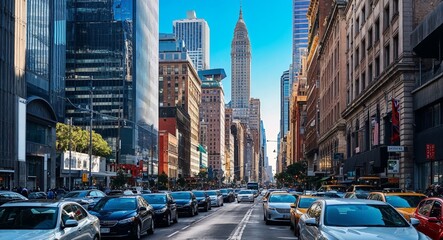Urban cityscape day bustling streets skyscrapers cars lively energetic atmosphere