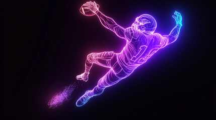 Bright neon illustration of an American football player running with a ball. Dynamic movement on a dark background. Fluorescent lines emphasize speed, power and athleticism. Creates a futuristic image