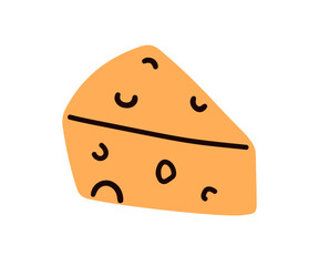Swiss cheese, triangle piece. Emmental bar with holes, eyes. Holland snack icon. Cheesy appetizer, cut block. Dairy gourmet food product. Flat vector illustration isolated on white background
