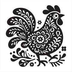 Chicken, rooster and chick silhouette with floral decorations. Retro farm sign. Spring farmhouse symbol. Coop vector emblem.