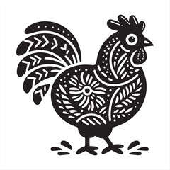 Chicken, rooster and chick silhouette with floral decorations. Retro farm sign. Spring farmhouse symbol. Coop vector emblem.