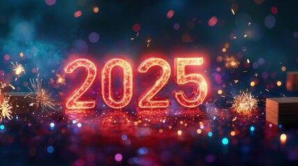 Side view of "2025" in glowing computer font, surrounded by fireworks and shimmering bokeh lights.