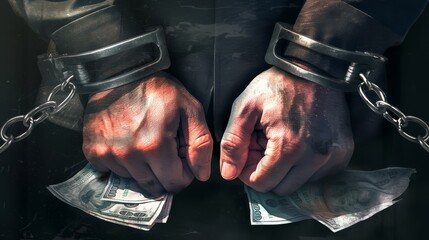 Dirty hands in handcuffs, with money, International Anti-Corruption Day. Poster on the topic of corruption and crimes related to theft