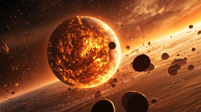 Cosmic Catastrophe: A fiery, apocalyptic vision of a planet engulfed in flames, surrounded by a swirling vortex of debris, evokes a sense of cosmic chaos and the fragility of existence. 